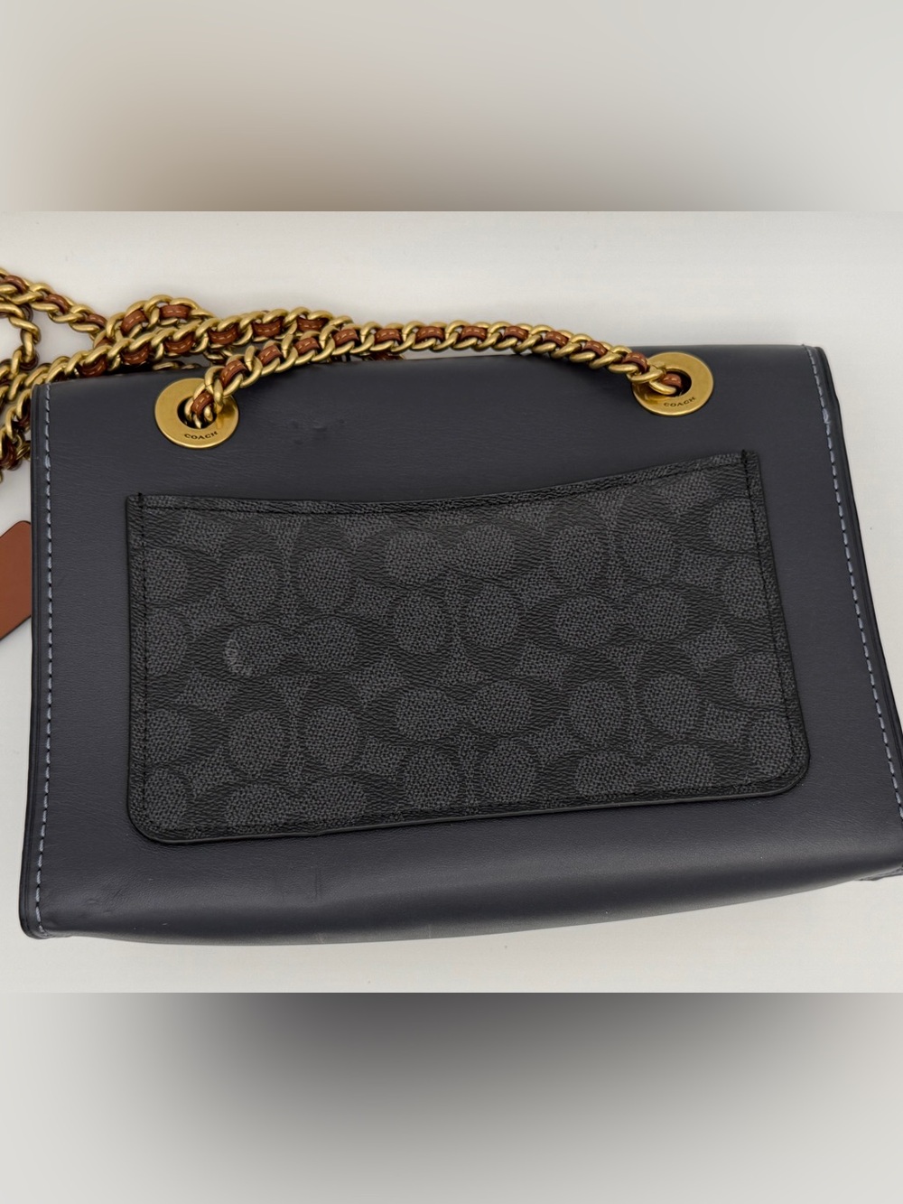 Coach Tea Rose Turnlock Chain Shoulder Bag Signature Canvas Charcoal Leather - Picture 2 of 7